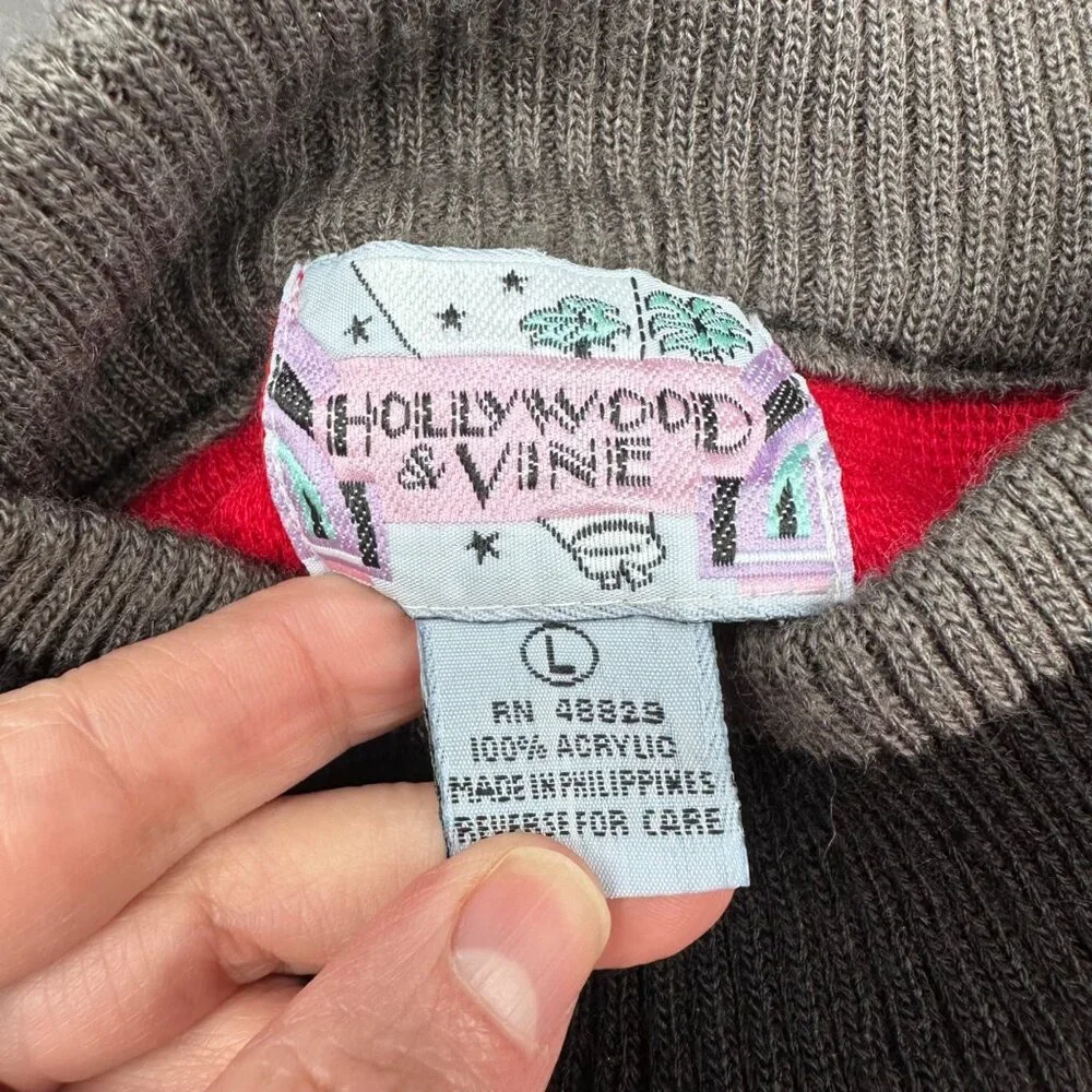 Vintage Colorblock Sweater Large Red Black Gray Acrylic Retro Hollywood Vine 80s - Picture 4 of 6